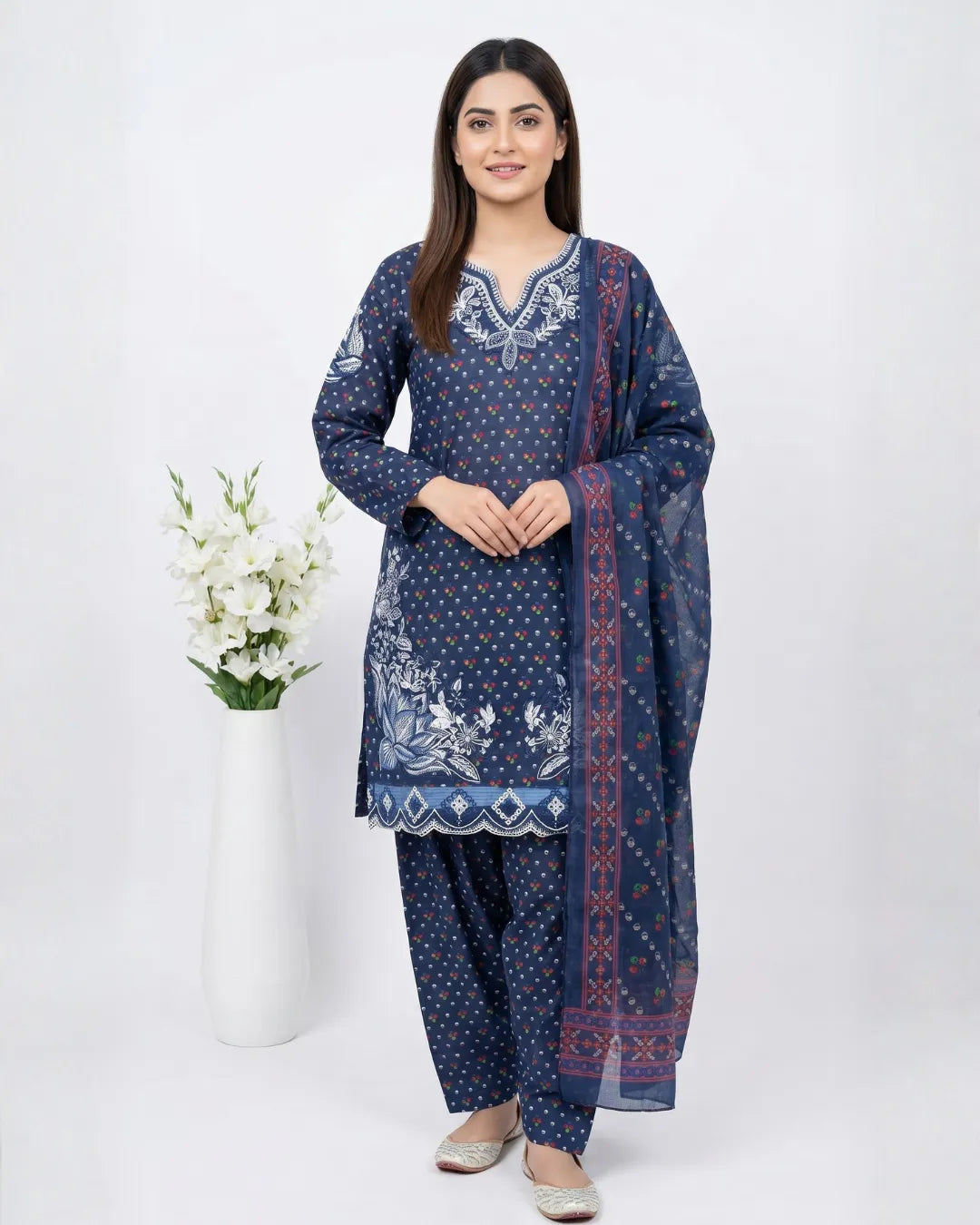 3 PIECE - PRINT EMBROIDERED CAMBRIC FARSHI SHALWAR SUIT