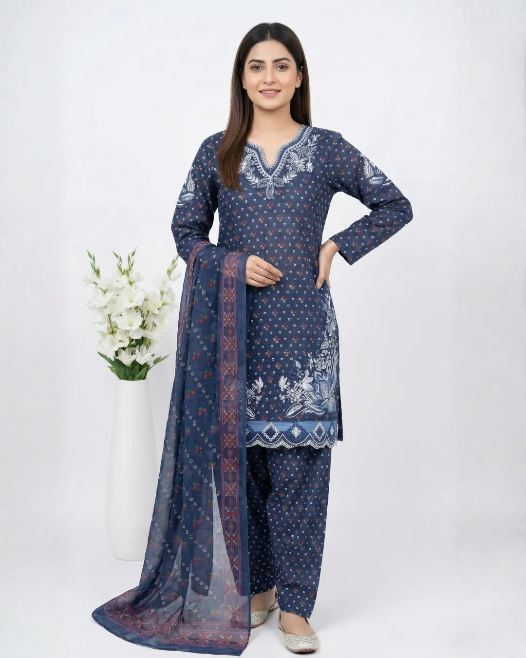 3 PIECE - PRINT EMBROIDERED CAMBRIC FARSHI SHALWAR SUIT