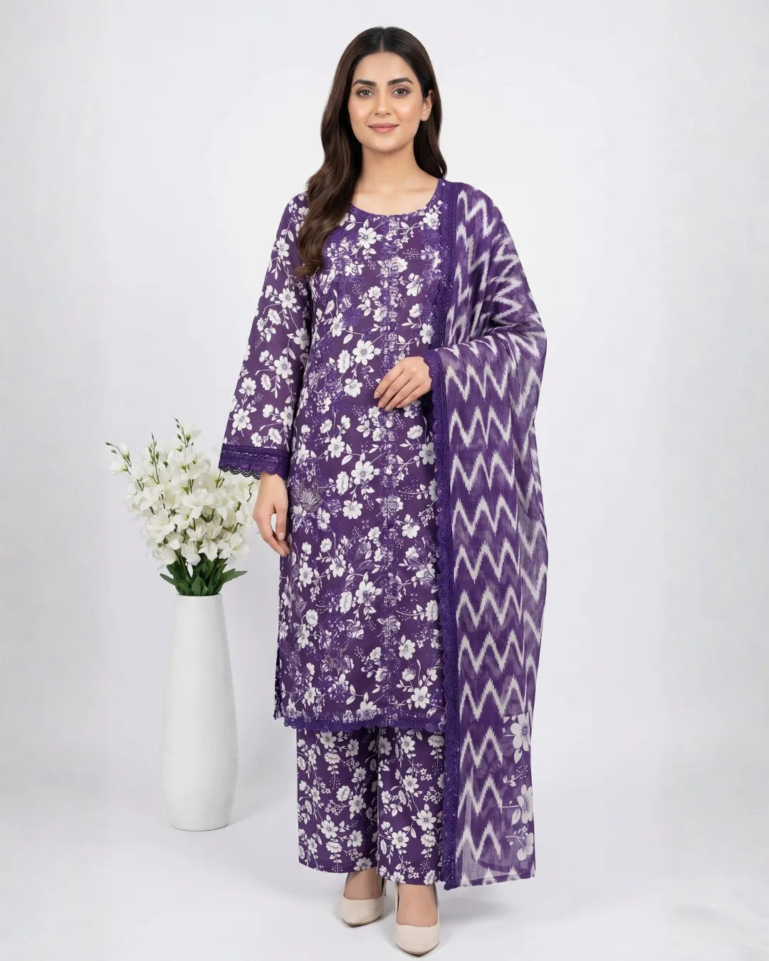 3 PIECE - PRINT EMBROIDERED CAMBRIC SUIT