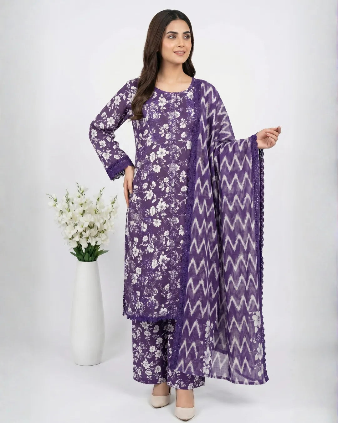 3 PIECE - PRINT EMBROIDERED CAMBRIC SUIT