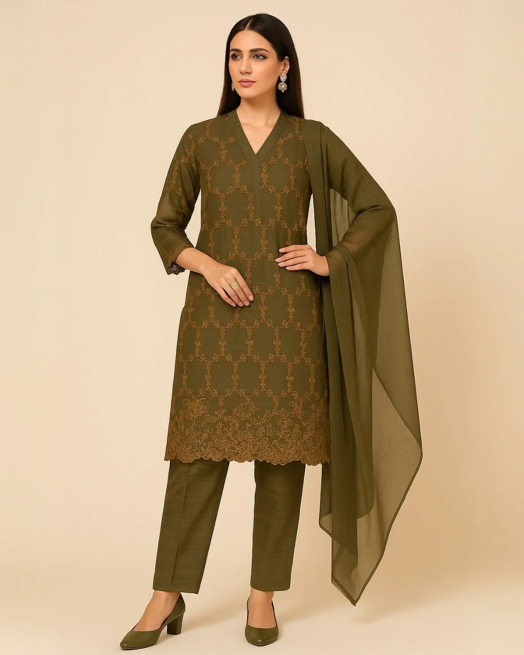 3 PIECE - EMBROIDERED SELF LAWN SUIT