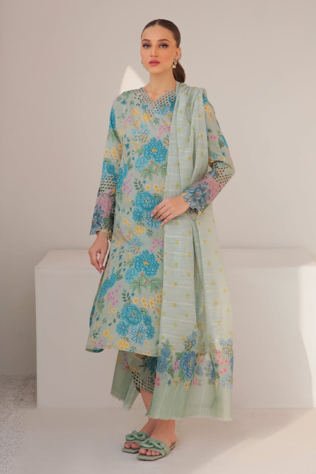 3 PIECE - EMBROIDERED FINE CAMBRIC SUIT