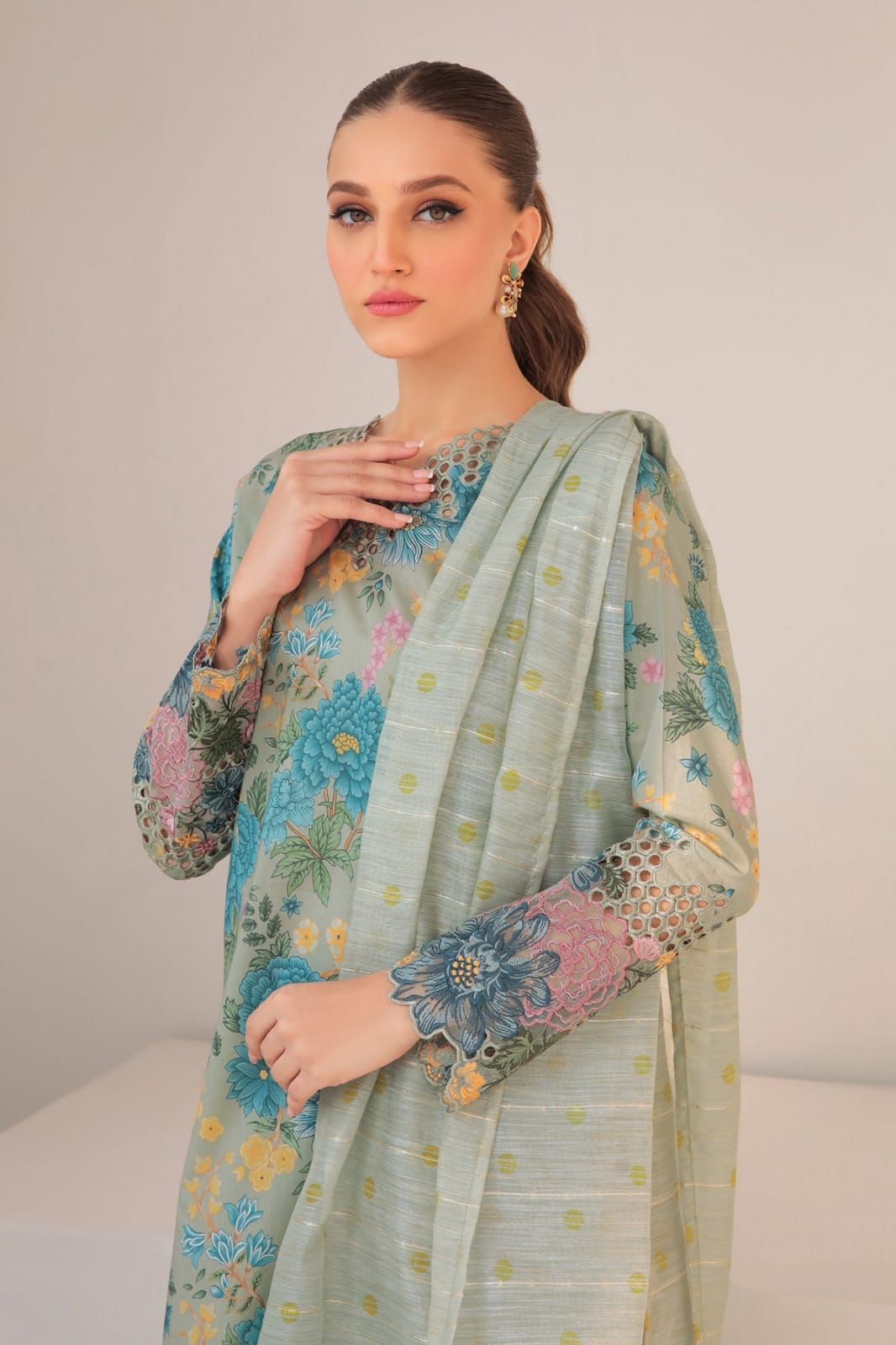 3 PIECE - EMBROIDERED FINE CAMBRIC SUIT